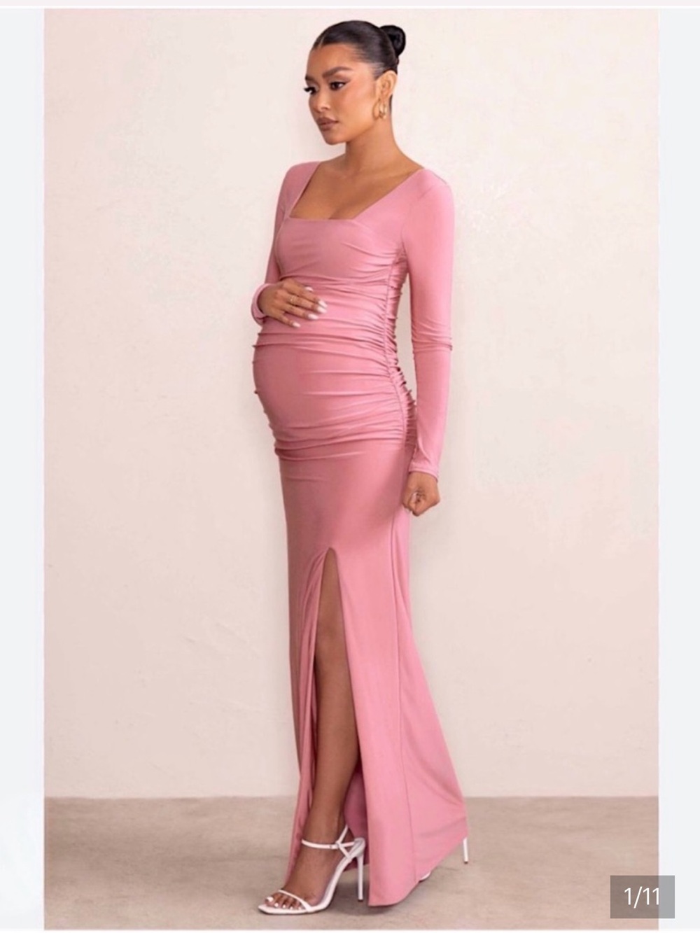 Club L London Dusty Rose Long Sleeve Ruched Maternity Maxi Dress